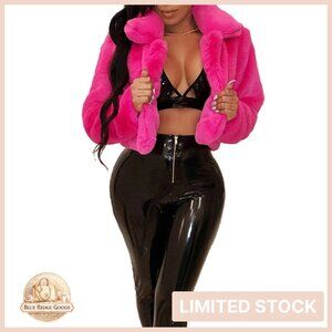 Fluffy Faux Fur Cropped Jacket Lapel Collar Open Front Chic Y2K